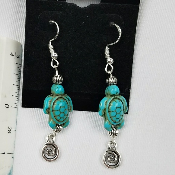 Turquoise Turtle Spiral Silver Earrings - Picture 2 of 2
